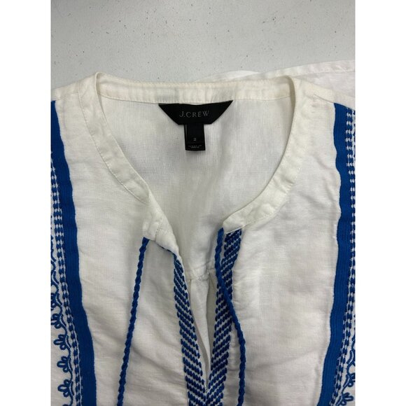 J Crew Tunic Blouse Women's Size 2 White Blue Embroidered Tassel Linen Blend - Picture 8 of 15